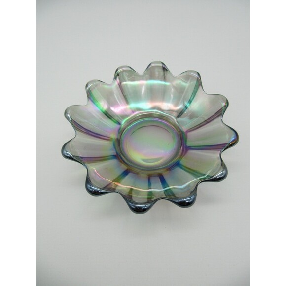 Two Vtg MCM Iridescent Celestial Carnival Trinket Dish Flower Art Glass - Picture 5 of 11